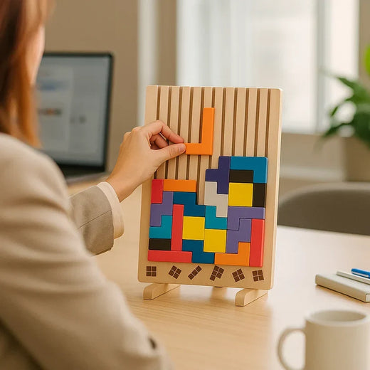 Wooden Block Puzzle, Upright Desk Brain Teaser Board with 40+ Colorful Pieces & 10 Pattern Cards