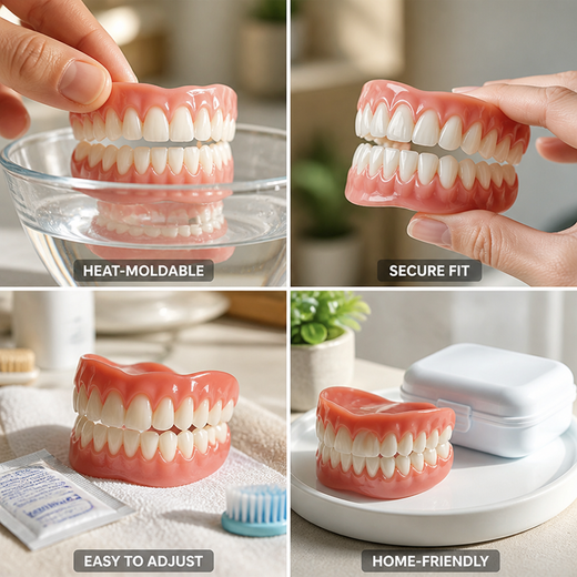 Moldable Denture Kit, Heat-Moldable Silicone Upper & Lower Dentures for a Secure Cosmetic Fit