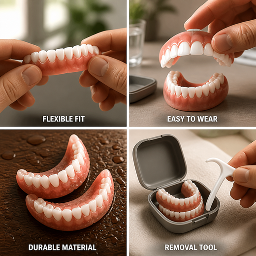 Flexible Dentures, Upper & Lower Cosmetic Denture Set with Installation Kit & Removal Tool