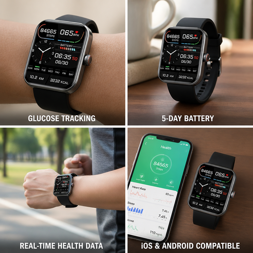 Smart Watch with Glucose Trend Tracking, Heart Rate & Sleep Monitor, 5 Day Battery for iPhone & Android