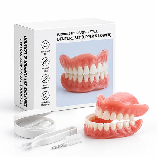 Flexible Dentures, Upper & Lower Cosmetic Denture Set with Installation Kit & Removal Tool