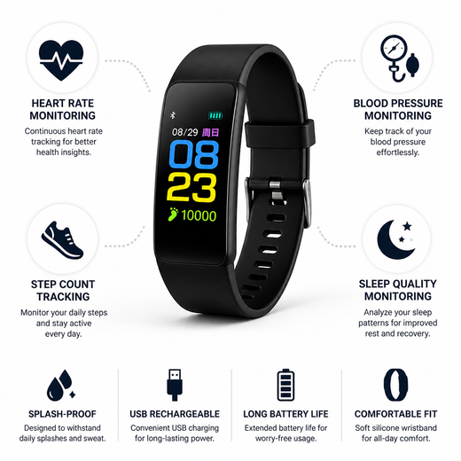 Smartwatch for Seniors, Simple LED Watch with Heart Rate, Blood Pressure, Step & Sleep Tracking