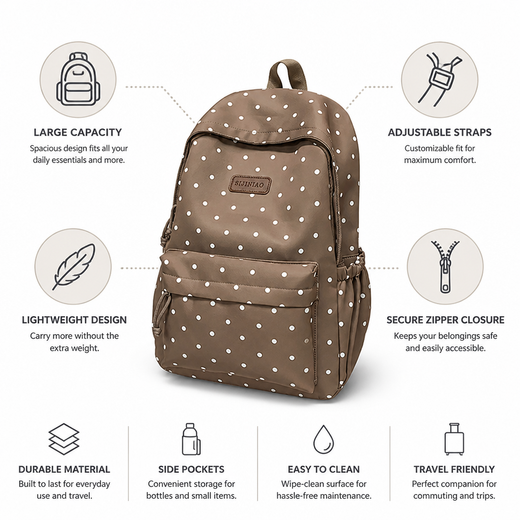 Polka Dot Backpack, Lightweight Large Capacity Travel & Commuter Backpack with Adjustable Straps