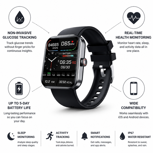 Smart Watch with Glucose Trend Tracking, Heart Rate & Sleep Monitor, 5 Day Battery for iPhone & Android