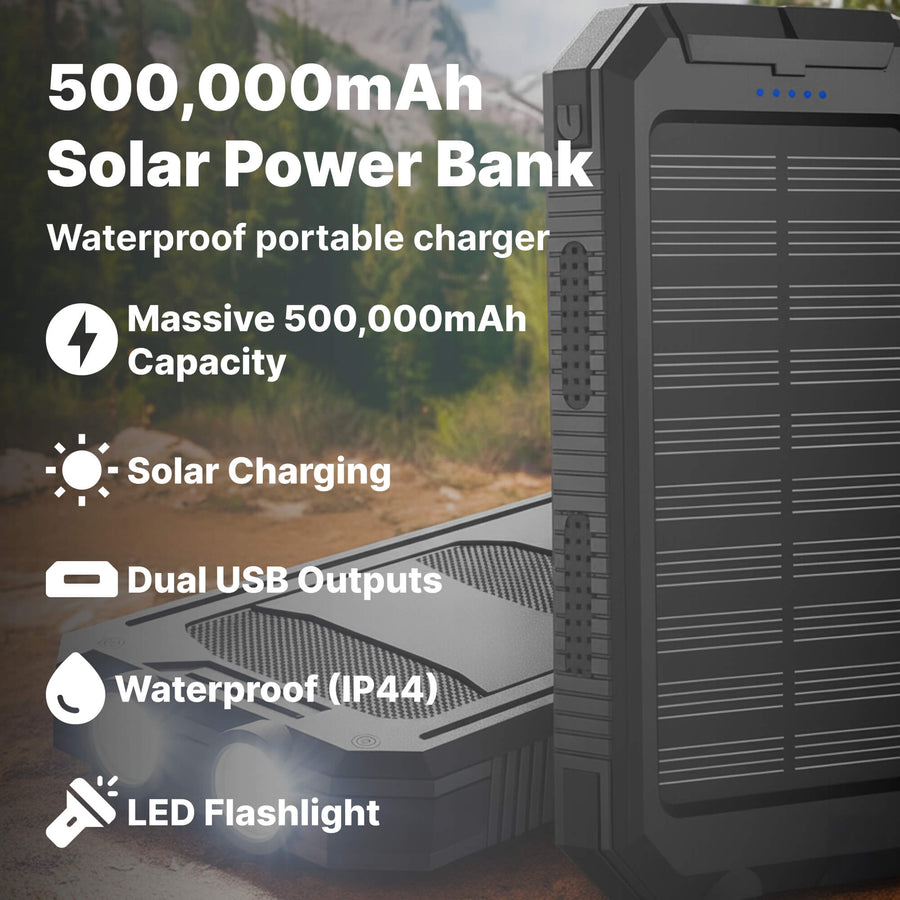 Solar Power Bank 500000mAh, Waterproof, Dual USB & LED