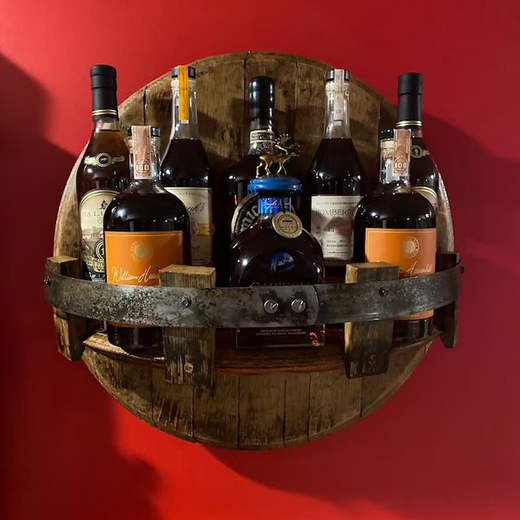 Whiskey Barrel Wall Shelf, Round Rustic Solid Wood Wall Mounted Display for Bottles & Home Bar
