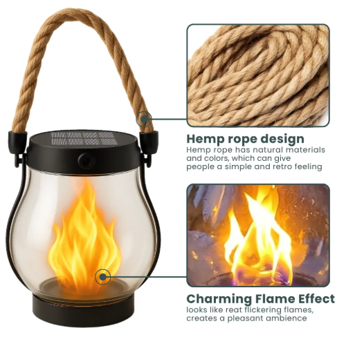 Solar Flame Lantern, 10 Inch Outdoor Flickering Flame Light with Hemp Rope for Garden, Patio & Path