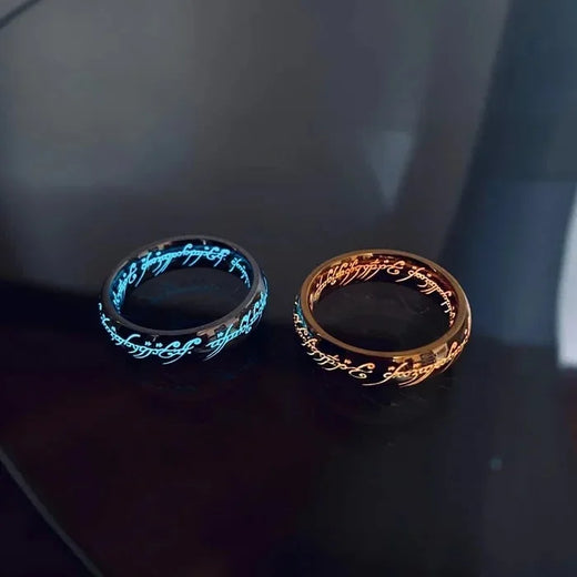 Glow in the Dark Ring, Fantasy Elvish Script Rune Ring in Gold or Silver, Nickel Free