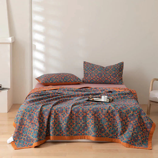 Blue Patterned Cotton Quilt, Soft Six-Layer Breathable Bed Quilt in 4 Sizes for Cool Nights