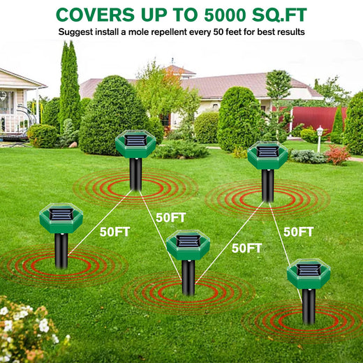 Solar Mole Repellent, 4 Pack Ultrasonic Stakes for Gophers, Voles & Burrowing Pests in Lawn & Garden