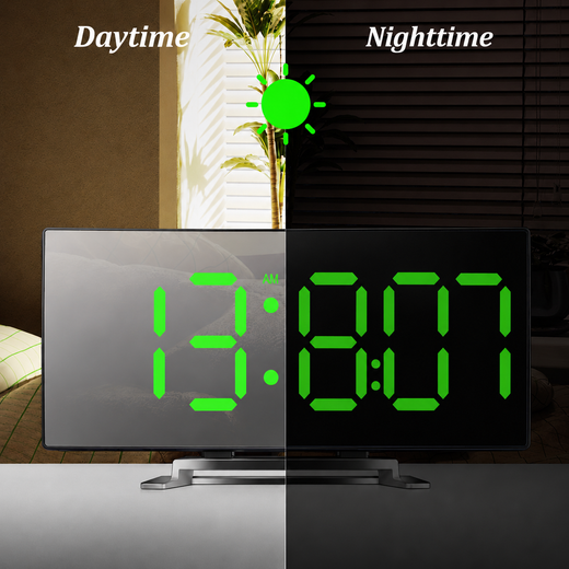 Digital Alarm Clock, Curved LED Mirror Clock with Auto Dimming, Temperature Display & Snooze