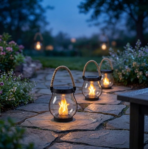 Solar Lantern, Outdoor Flickering Flame Light with Rope Handle for Patio, Garden & Balcony