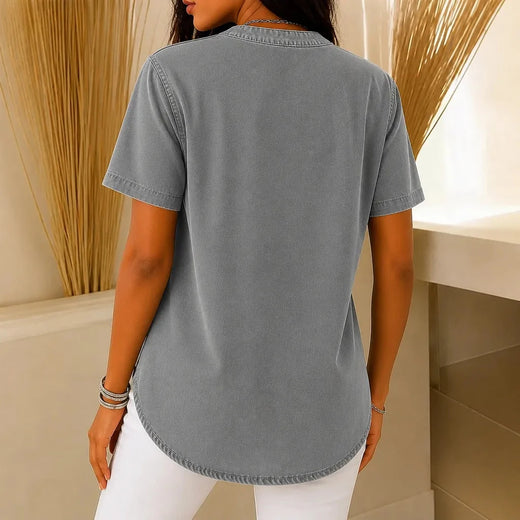 Henley Tunic Top for Women, Casual Side Button Tunic with Curved Hem for Jeans & Leggings