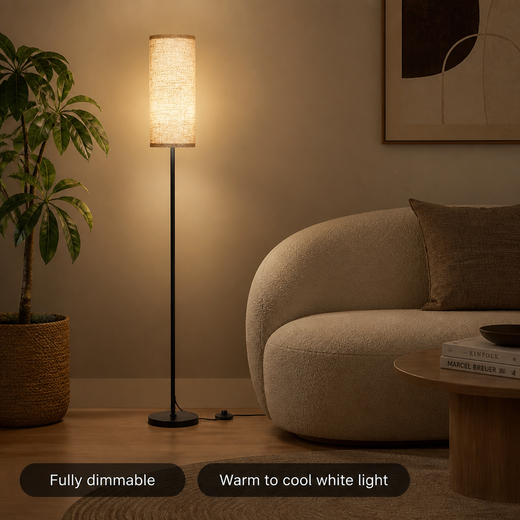 LED Floor Lamp, Scandinavian Style Linen Shade Standing Lamp with Stepless Dimming & Foot Switch