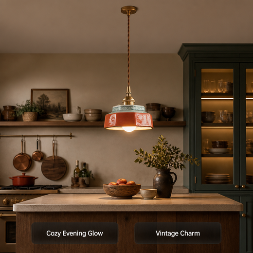 Ceramic Pendant Light, Vintage Hand Painted LED Hanging Lamp for Living & Dining Room