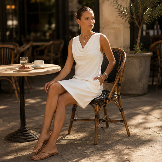 Cowl Neck Mini Dress with Pockets, Slim Fit Sleeveless Shift Dress for Work & Dinner