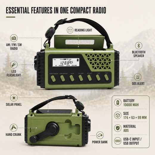 Emergency Hand Crank Radio, Solar AM FM Shortwave Radio with Bluetooth Speaker, Flashlight & Power Bank