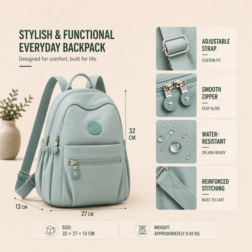 Mini Backpack, Lightweight Nylon Anti-Theft Small Backpack with Multiple Zip Pockets, 11L