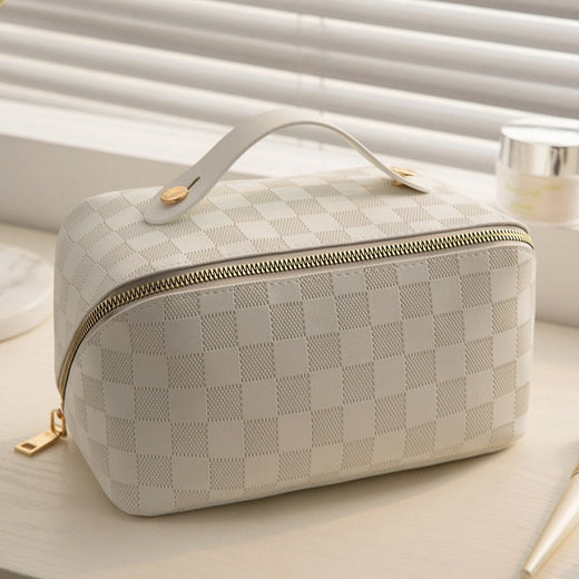 Checkered Makeup Bag, PU Leather Cosmetic Bag with Handle & Multiple Compartments for Travel