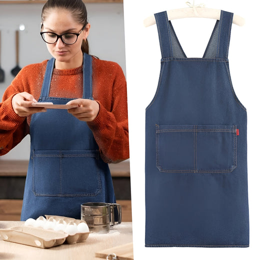 Cross Back Apron, Denim Look Bib Apron with Pocket for Cooking, Kitchen & Workshop