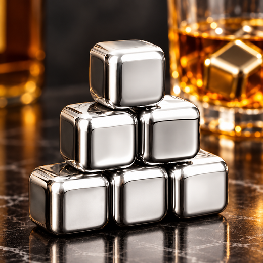 Whiskey Stones Set of 6, Stainless Steel Reusable Ice Cubes for Drinks