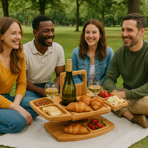 Picnic Wine Table, Foldable Wooden Snack Tray with Bottle & Glass Holders for Beach, Garden & Outdoors