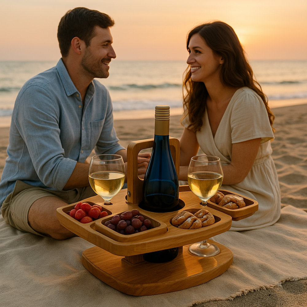 Foldable Wood Wine Table with Snack Trays & Glass Holders