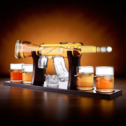 Rifle Whiskey Decanter Set, Glass Bottle with Stand & Whiskey Glasses for Home Bar