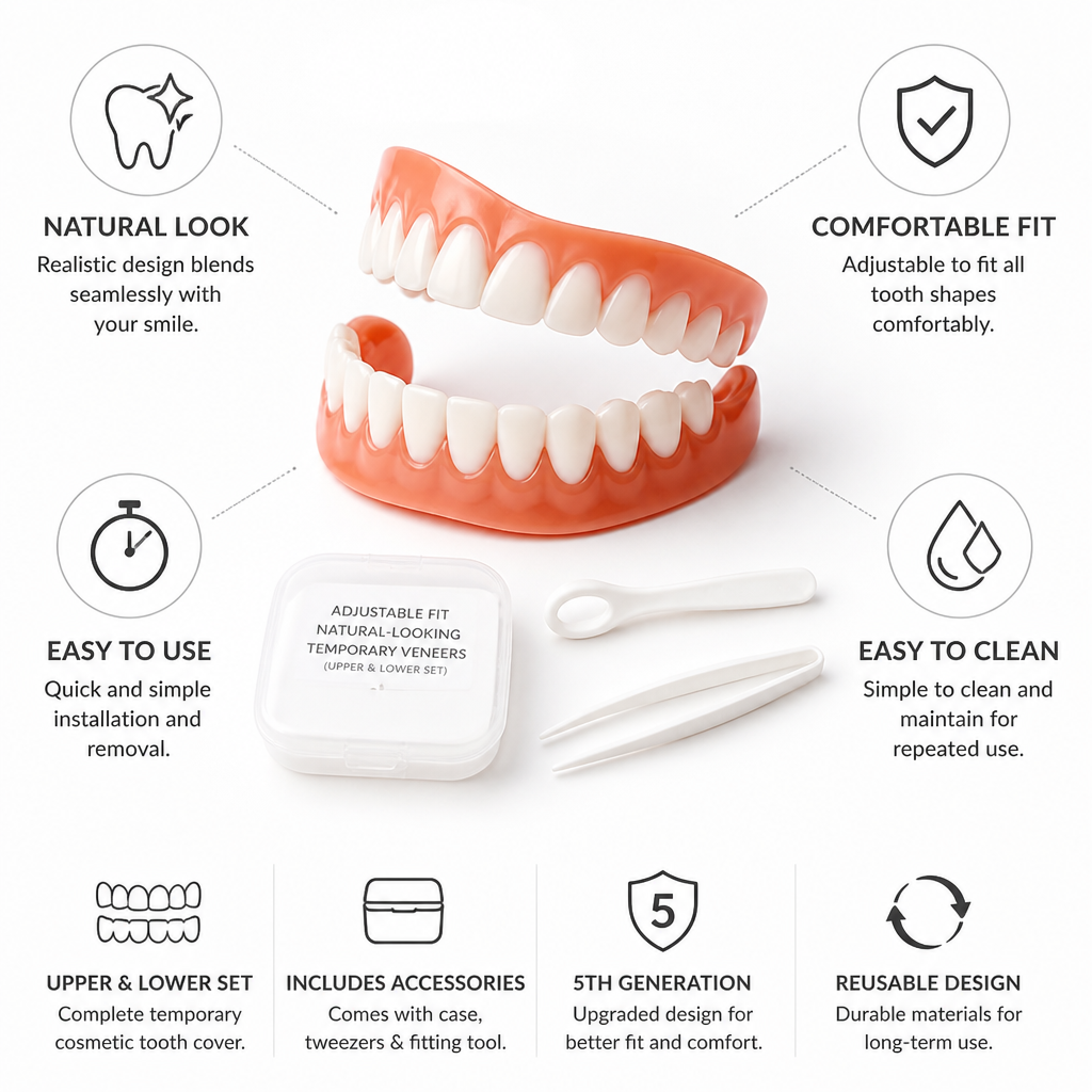 Adjustable Temporary Veneers, Natural-Looking Cosmetic Veneer Set with Tweezers for Upper & Lower Teeth – photo 4