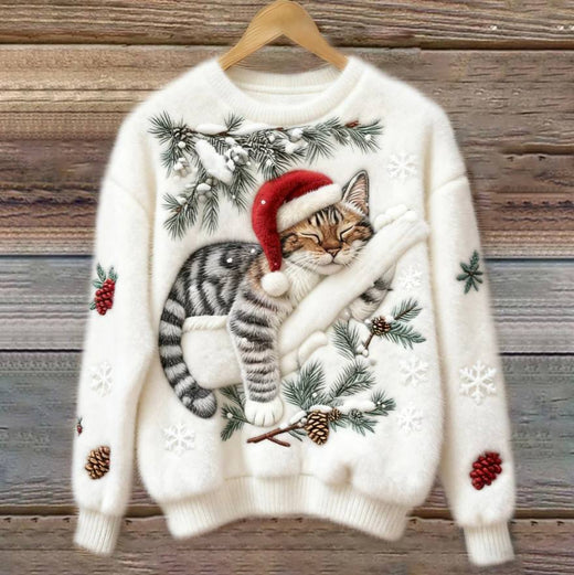 Cat Christmas Sweater, Cozy Plush Holiday Pullover for Cats with 3D Sleeping Cat Appliqué