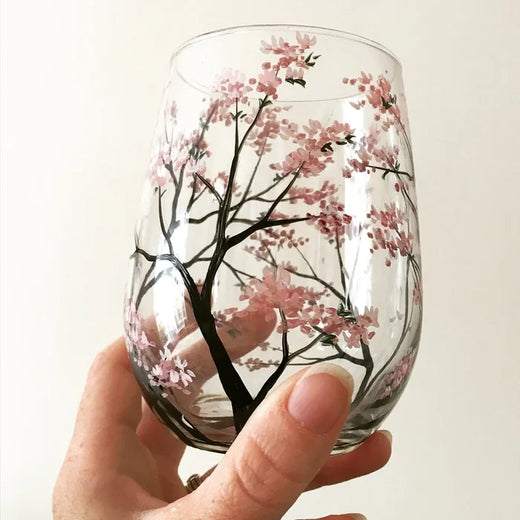 Hand Painted Wine Glasses, Four Seasons Tree Design in Stemmed & Stemless Styles