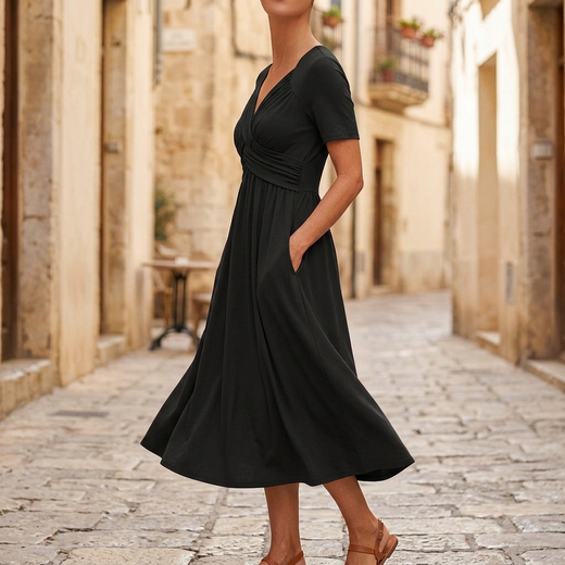 V-Neck Midi Dress with Pockets, Ruched Crossover Short Sleeve A-Line Dress for Women