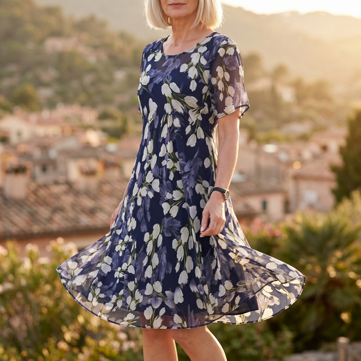 Navy Floral Midi Dress for Women, Elegant Chiffon A-Line Wedding Guest & Cruise Dress