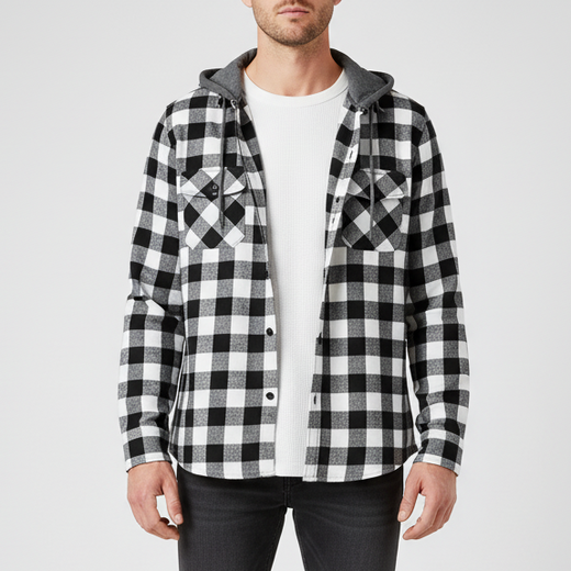 Hooded Flannel Shirt, Long-Sleeve Plaid Button-Up with Attached Hood for Spring and Fall
