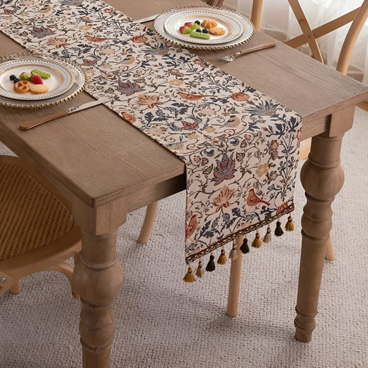 Jacquard Table Runner, Vintage Floral & Bird Pattern with Tassels for Dining, Coffee & Tea Tables