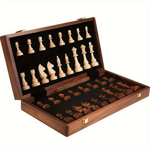 Wooden Chess Set, Foldable Solid Wood Chess Board with Storage for 32 Chess Pieces