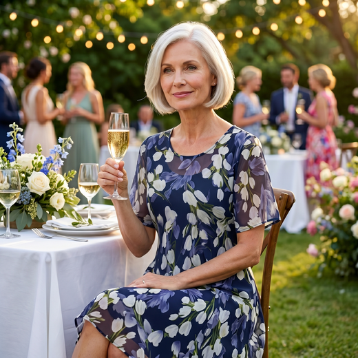 Navy Floral Midi Dress for Women, Elegant Chiffon A-Line Wedding Guest & Cruise Dress