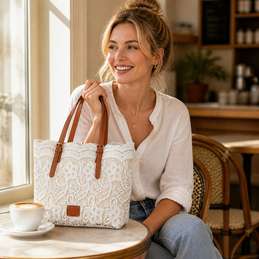 Lace Tote Bag, Crochet Floral Lace Shoulder Bag with Roomy Interior for Laptop & Daily Essentials