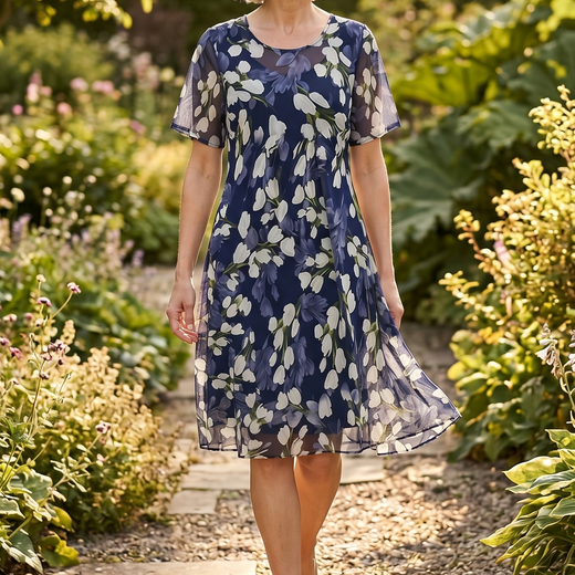Navy Floral Midi Dress for Women, Elegant Chiffon A-Line Wedding Guest & Cruise Dress