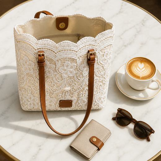 Lace Tote Bag, Crochet Floral Lace Shoulder Bag with Roomy Interior for Laptop & Daily Essentials