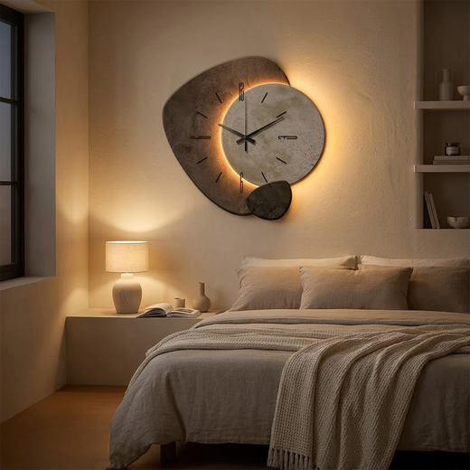 Moon Wall Clock, Silent Backlit Clock with Stone Textured Frame & Warm Golden Glow