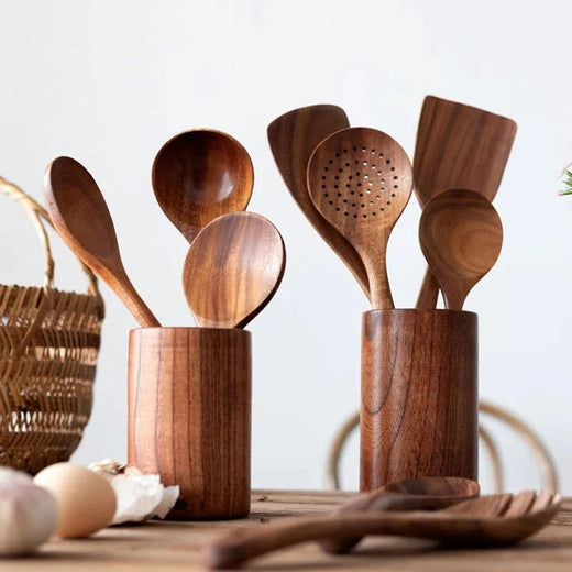 Teak Kitchen Utensil Set, Natural Wooden Cooking Utensils with Ergonomic Handles, Nonstick Safe