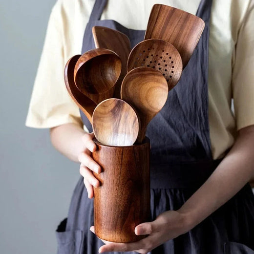 Teak Kitchen Utensil Set, Natural Wooden Cooking Utensils with Ergonomic Handles, Nonstick Safe