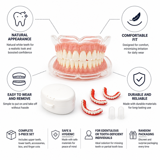 Natural White Removable Dentures, 5-Piece Cosmetic Denture Set with Storage Box & Finger Cots