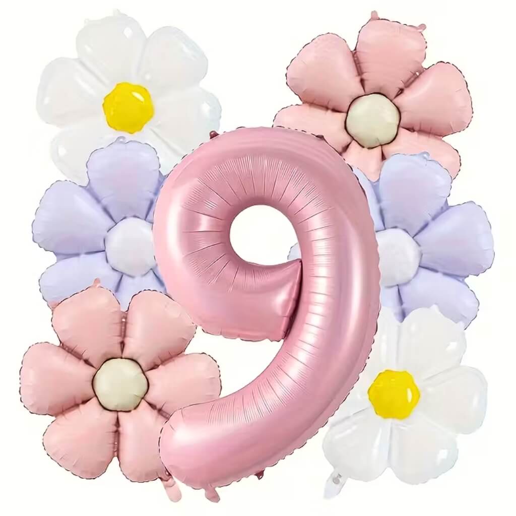 Birthday Number Balloons, Daisy & Pink Balloon Bundle 7 Pack