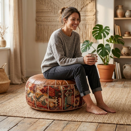 Storage Ottoman, Boho Kilim Patchwork Pouf with Hidden Storage and Faux Leather Cover