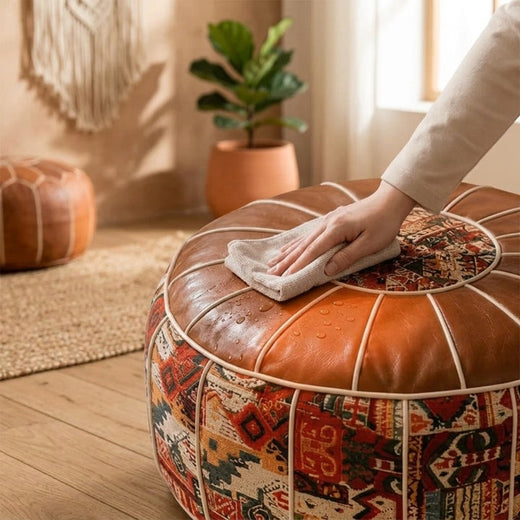Storage Ottoman, Boho Kilim Patchwork Pouf with Hidden Storage and Faux Leather Cover
