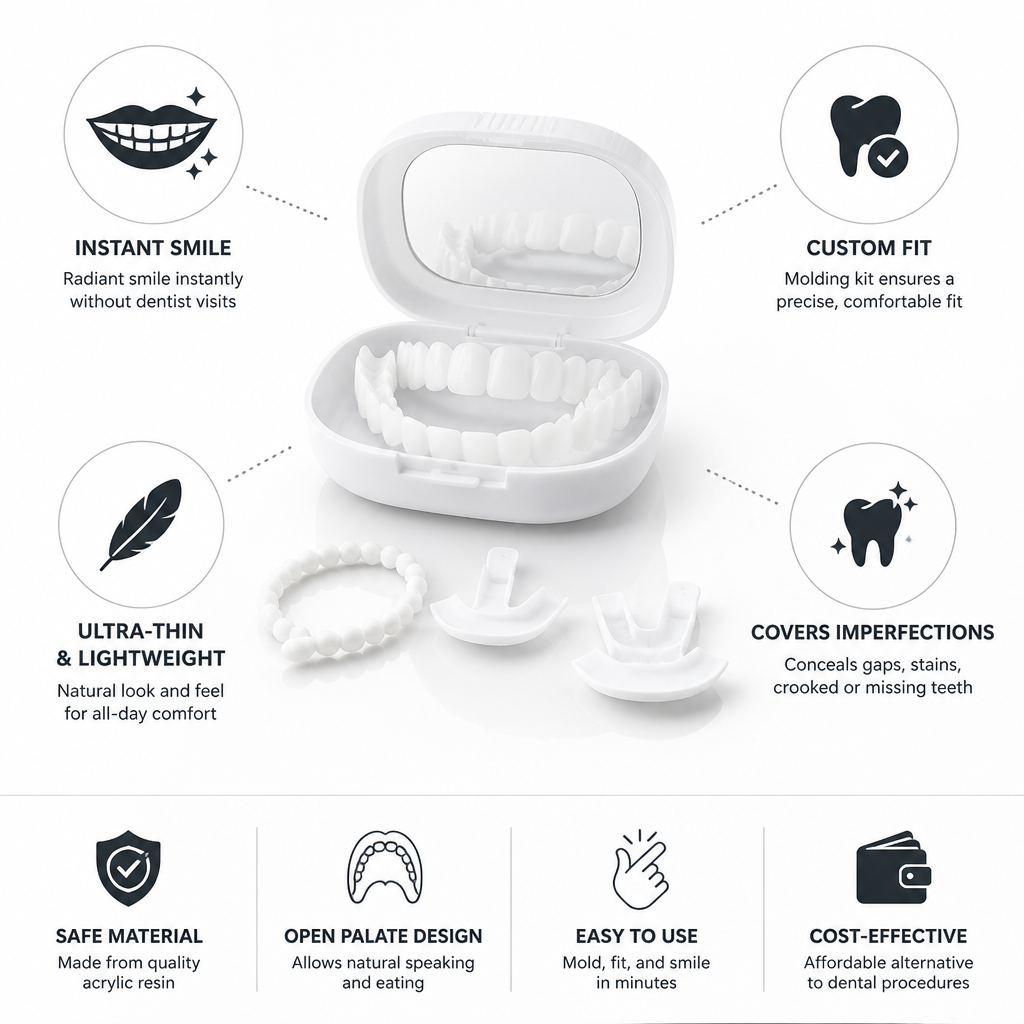 Ultra Thin Open Palate Veneers, Removable Acrylic Cosmetic Veneers with Molding Kit for Upper & Lower Teeth – photo 4