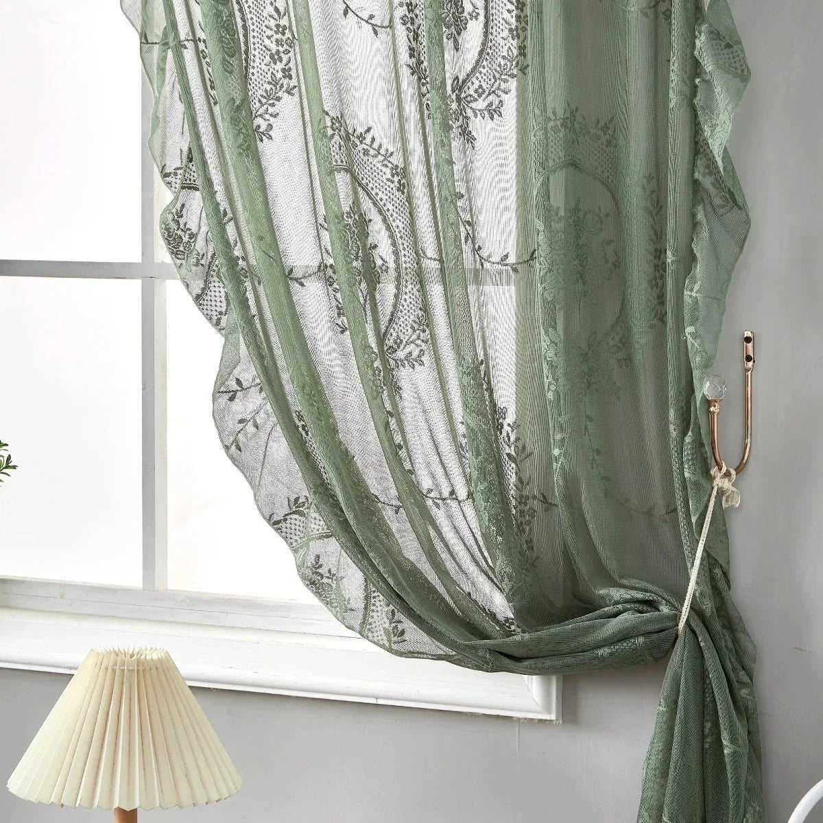 LACEVERA Vintage Green Lace Flower Curtains