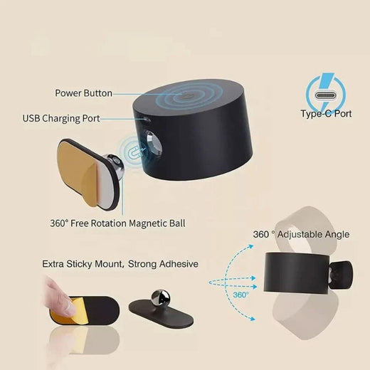 Magnetic Wall Light, 360° Cordless USB Rechargeable Wall Lamp with 3 Brightness Levels